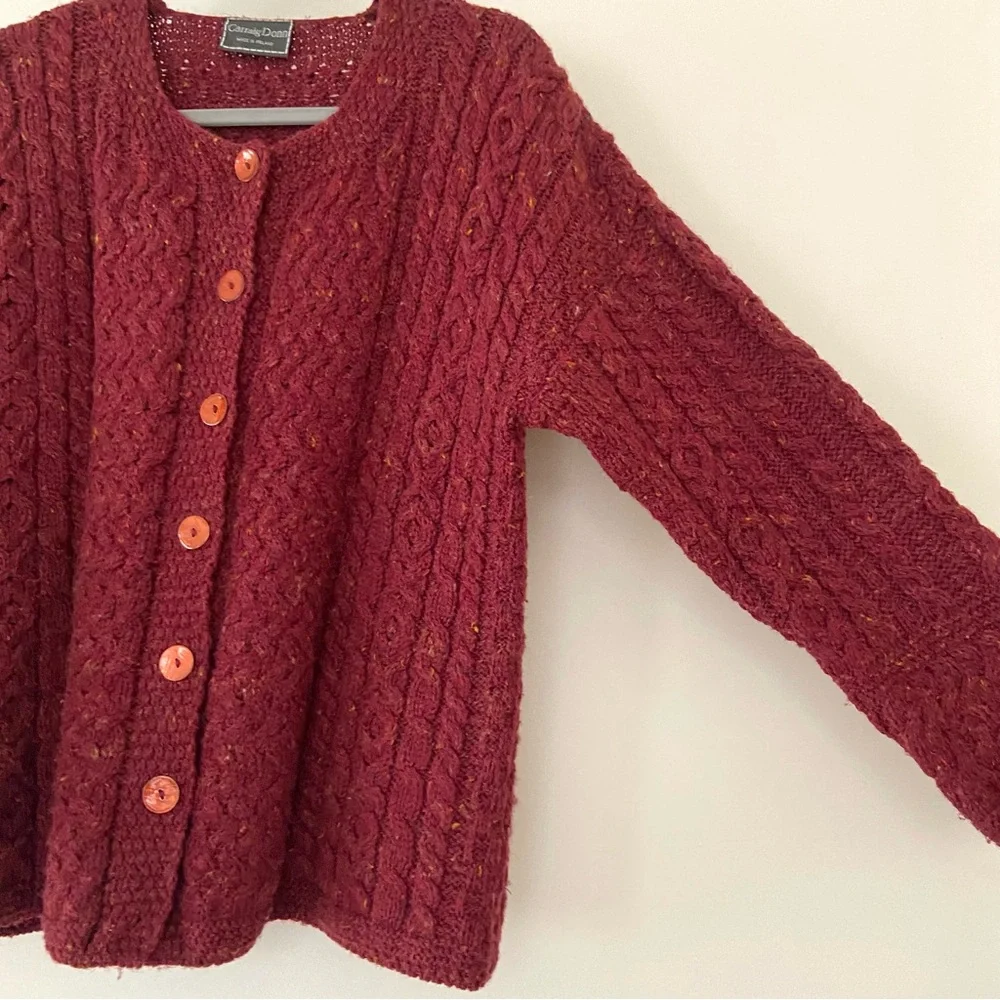 Carraig Donn Cardigan Womens L Red Wool Cable Knit Ireland Chunky Fisherman